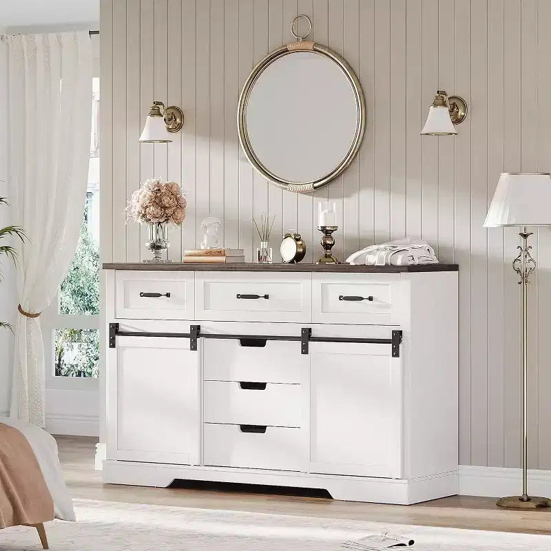 Commode à 6 tiroirs avec rangement, commode et chiffonnier de style campagnard avec portes coulissantes de grange, armoire de rangement en bois pour chambre à coucher, salon