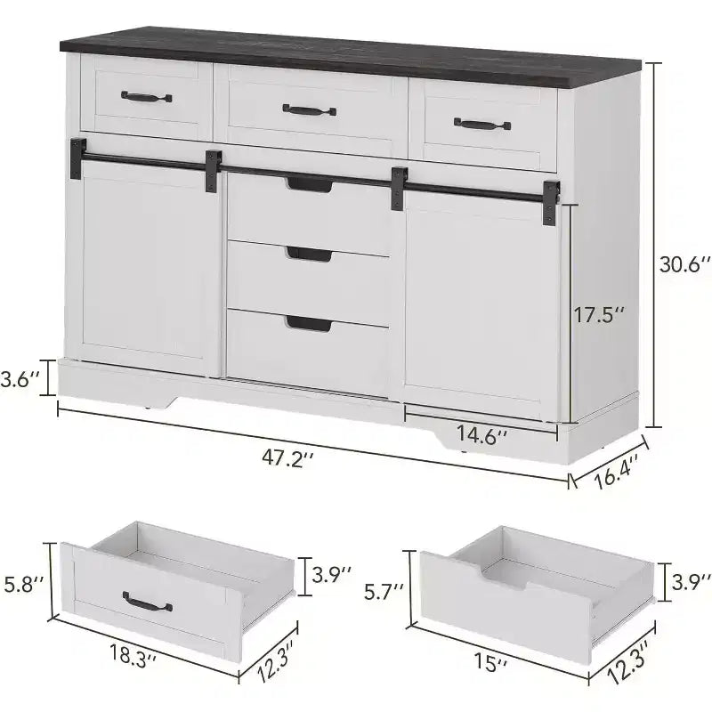 Commode à 6 tiroirs avec rangement, commode et chiffonnier de style campagnard avec portes coulissantes de grange, armoire de rangement en bois pour chambre à coucher, salon