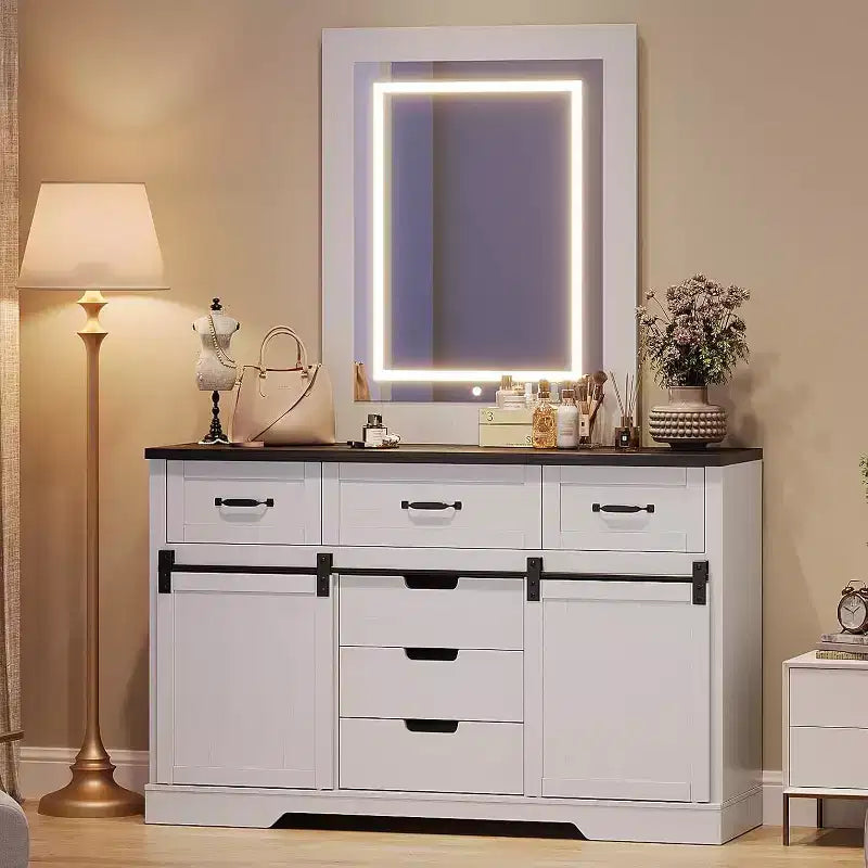 Commode à 6 tiroirs avec rangement, commode et chiffonnier de style campagnard avec portes coulissantes de grange, armoire de rangement en bois pour chambre à coucher, salon