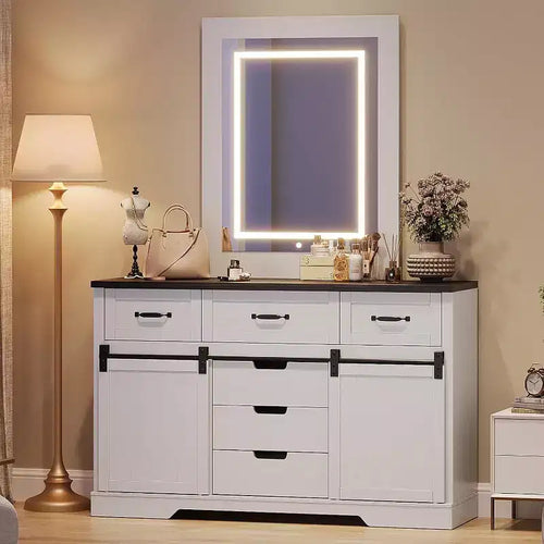 Commode à 6 tiroirs avec rangement, commode et chiffonnier de style campagnard avec portes coulissantes de grange, armoire de rangement en bois pour chambre à coucher, salon