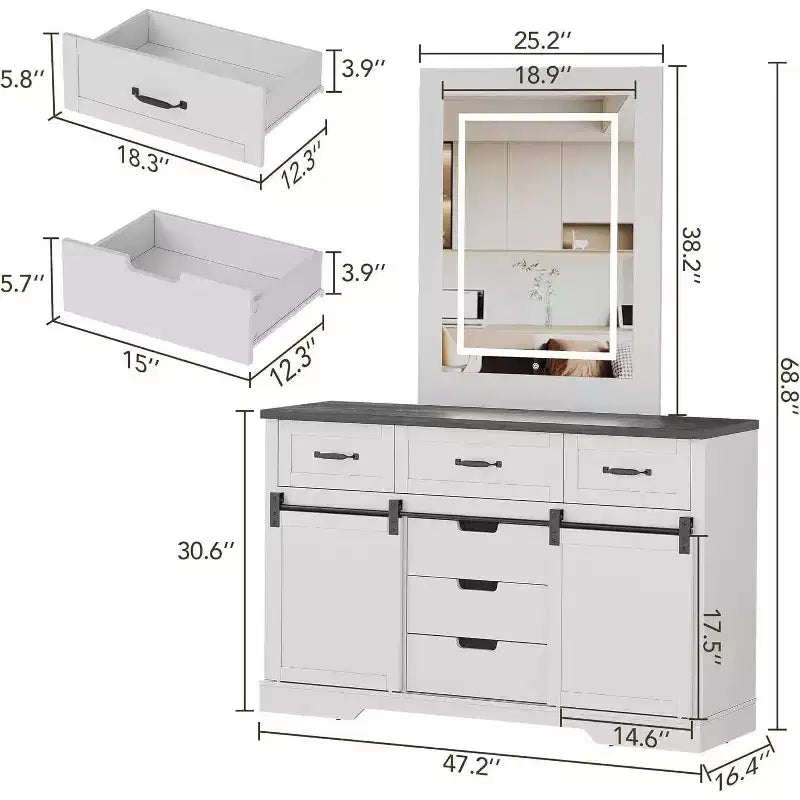 Commode à 6 tiroirs avec rangement, commode et chiffonnier de style campagnard avec portes coulissantes de grange, armoire de rangement en bois pour chambre à coucher, salon