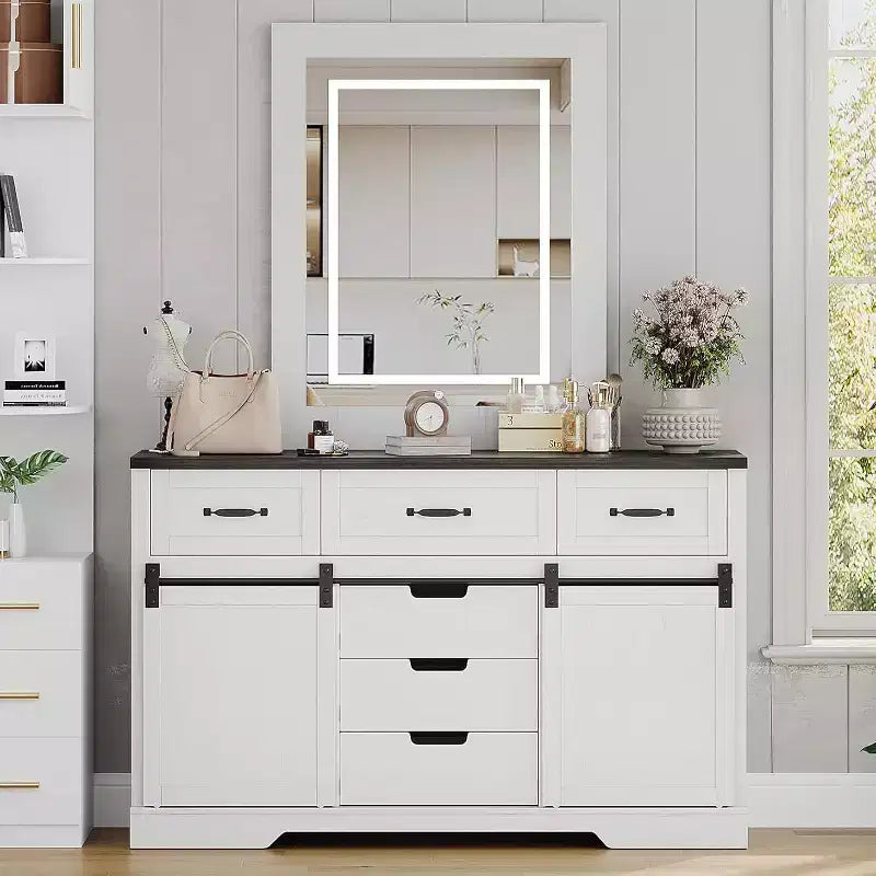 Commode à 6 tiroirs avec rangement, commode et chiffonnier de style campagnard avec portes coulissantes de grange, armoire de rangement en bois pour chambre à coucher, salon