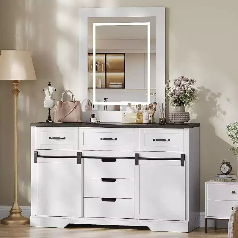 6 Drawers Dresser with Storage, Farmhouse Dresser & Chest of Drawers with Sliding Barn Doors, Wooden Storage Cabinet for Bedroom, Living room