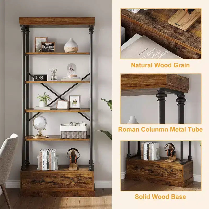 Coolmee Étagère à Livres 5 Niveaux avec Tiroir de Rangement, Bibliothèque Haute 205 cm avec Cadre Métallique, Étagère Ouverte pour Salon, Bureau, Chambre, Bibliothèque