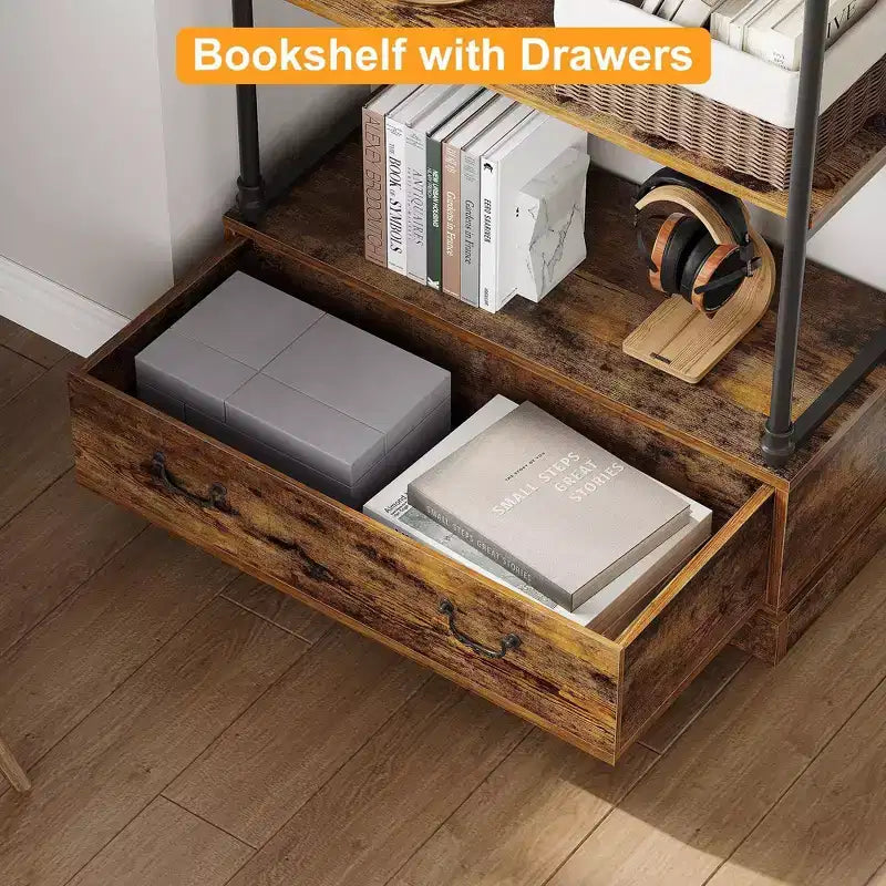 Coolmee Étagère à Livres 5 Niveaux avec Tiroir de Rangement, Bibliothèque Haute 205 cm avec Cadre Métallique, Étagère Ouverte pour Salon, Bureau, Chambre, Bibliothèque