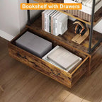 Coolmee Étagère à Livres 5 Niveaux avec Tiroir de Rangement, Bibliothèque Haute 205 cm avec Cadre Métallique, Étagère Ouverte pour Salon, Bureau, Chambre, Bibliothèque