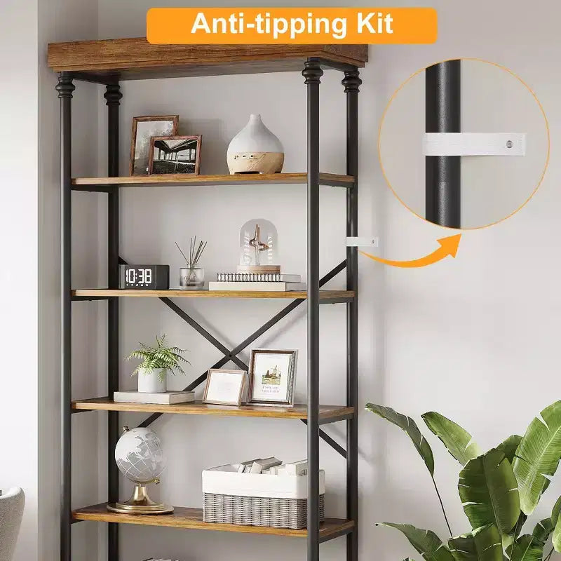 Coolmee Étagère à Livres 5 Niveaux avec Tiroir de Rangement, Bibliothèque Haute 205 cm avec Cadre Métallique, Étagère Ouverte pour Salon, Bureau, Chambre, Bibliothèque