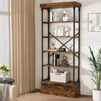Coolmee Étagère à Livres 5 Niveaux avec Tiroir de Rangement, Bibliothèque Haute 205 cm avec Cadre Métallique, Étagère Ouverte pour Salon, Bureau, Chambre, Bibliothèque