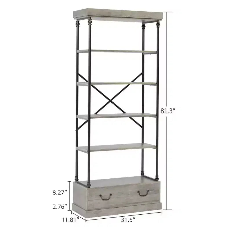 Coolmee Étagère à Livres 5 Niveaux avec Tiroir de Rangement, Bibliothèque Haute 205 cm avec Cadre Métallique, Étagère Ouverte pour Salon, Bureau, Chambre, Bibliothèque