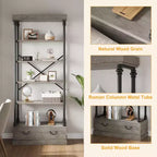 Coolmee Étagère à Livres 5 Niveaux avec Tiroir de Rangement, Bibliothèque Haute 205 cm avec Cadre Métallique, Étagère Ouverte pour Salon, Bureau, Chambre, Bibliothèque