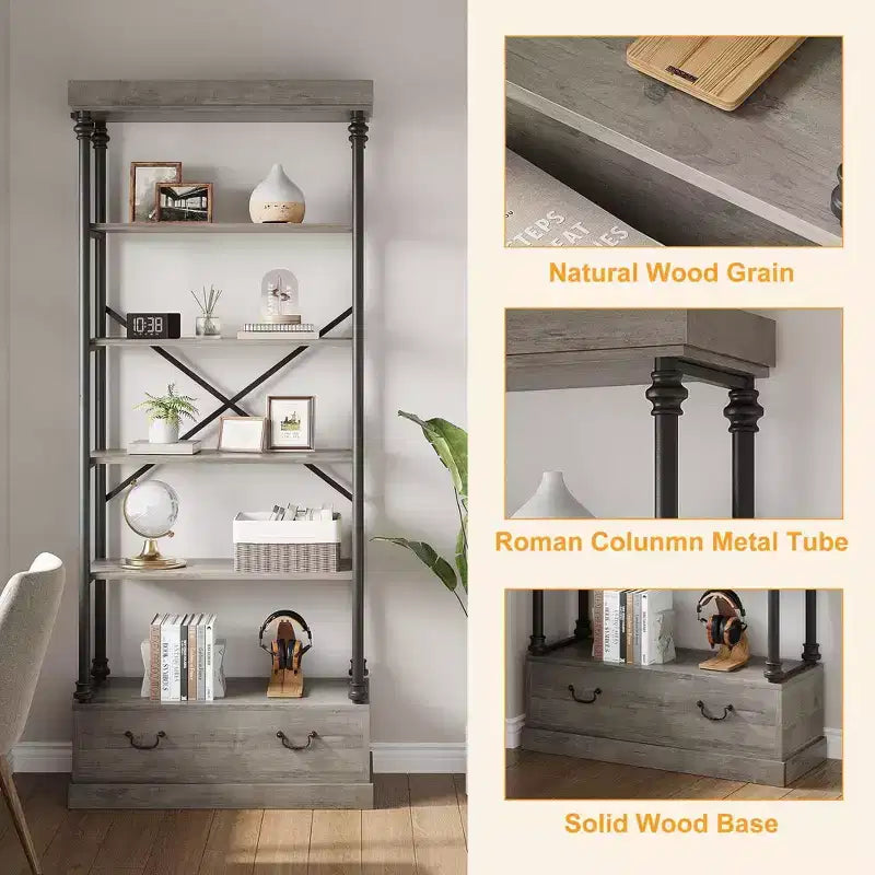 Coolmee Étagère à Livres 5 Niveaux avec Tiroir de Rangement, Bibliothèque Haute 205 cm avec Cadre Métallique, Étagère Ouverte pour Salon, Bureau, Chambre, Bibliothèque