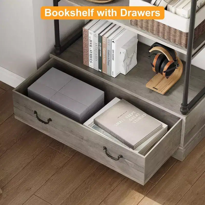 Coolmee Étagère à Livres 5 Niveaux avec Tiroir de Rangement, Bibliothèque Haute 205 cm avec Cadre Métallique, Étagère Ouverte pour Salon, Bureau, Chambre, Bibliothèque