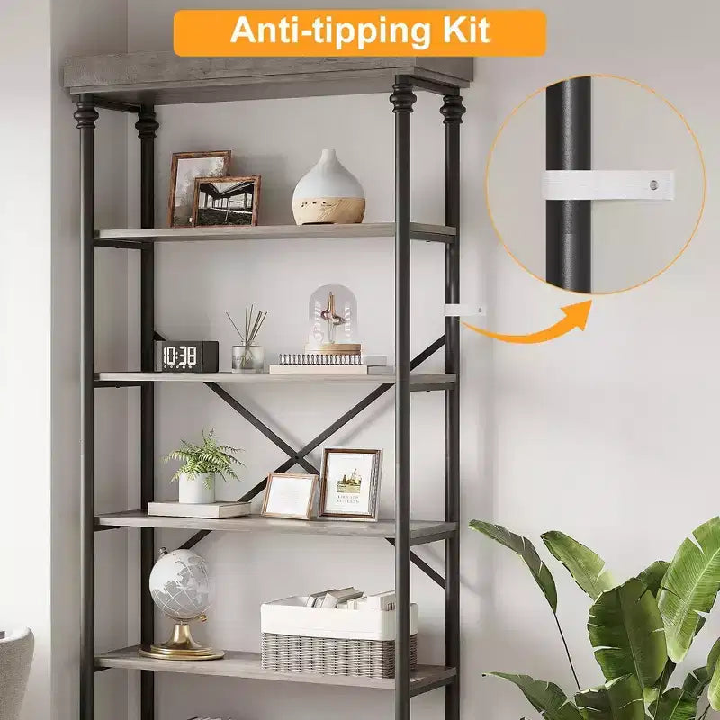 Coolmee Étagère à Livres 5 Niveaux avec Tiroir de Rangement, Bibliothèque Haute 205 cm avec Cadre Métallique, Étagère Ouverte pour Salon, Bureau, Chambre, Bibliothèque