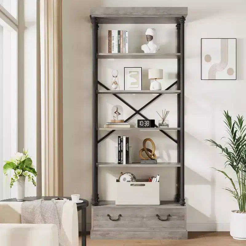 Coolmee Étagère à Livres 5 Niveaux avec Tiroir de Rangement, Bibliothèque Haute 205 cm avec Cadre Métallique, Étagère Ouverte pour Salon, Bureau, Chambre, Bibliothèque