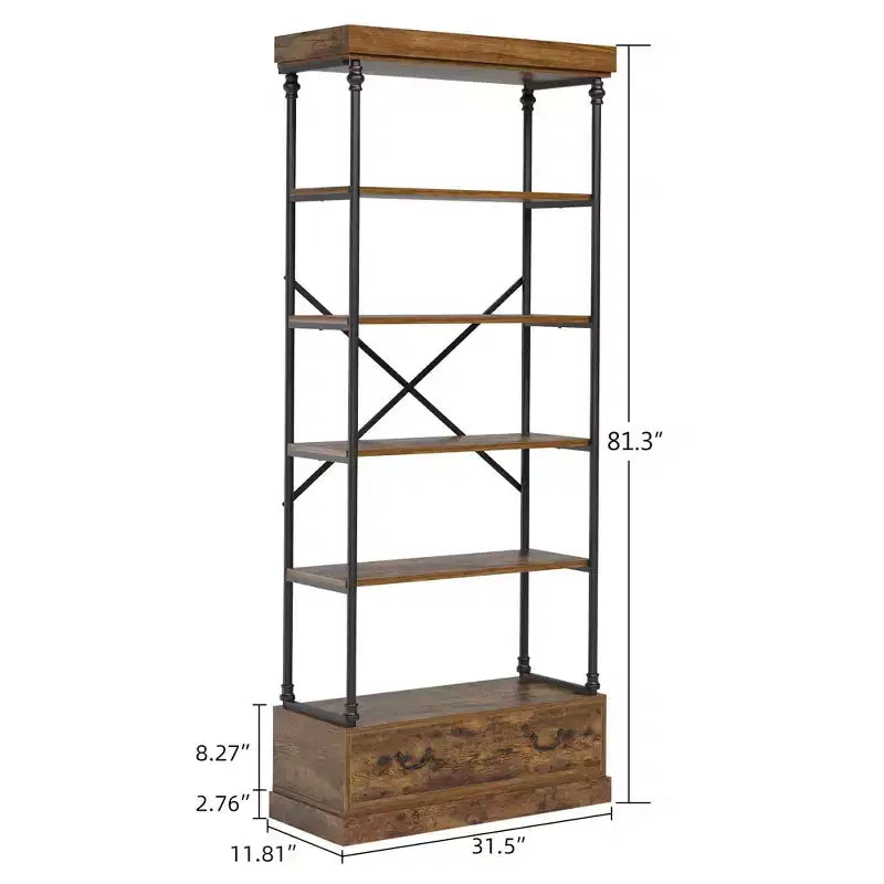 Coolmee Étagère à Livres 5 Niveaux avec Tiroir de Rangement, Bibliothèque Haute 205 cm avec Cadre Métallique, Étagère Ouverte pour Salon, Bureau, Chambre, Bibliothèque