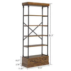 Coolmee Étagère à Livres 5 Niveaux avec Tiroir de Rangement, Bibliothèque Haute 205 cm avec Cadre Métallique, Étagère Ouverte pour Salon, Bureau, Chambre, Bibliothèque