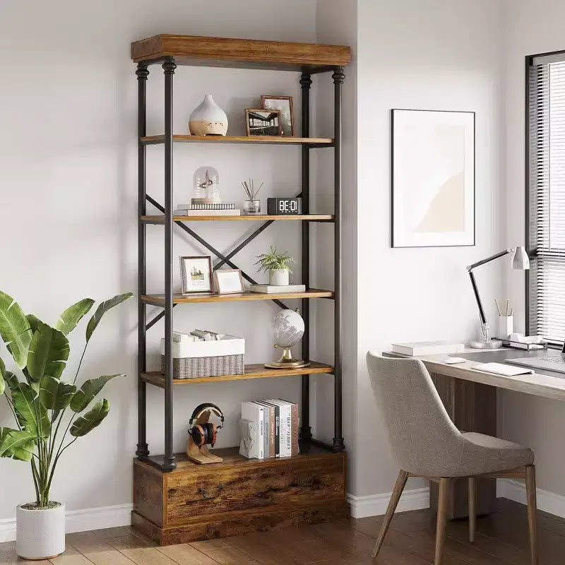 Coolmee Étagère à Livres 5 Niveaux avec Tiroir de Rangement, Bibliothèque Haute 205 cm avec Cadre Métallique, Étagère Ouverte pour Salon, Bureau, Chambre, Bibliothèque