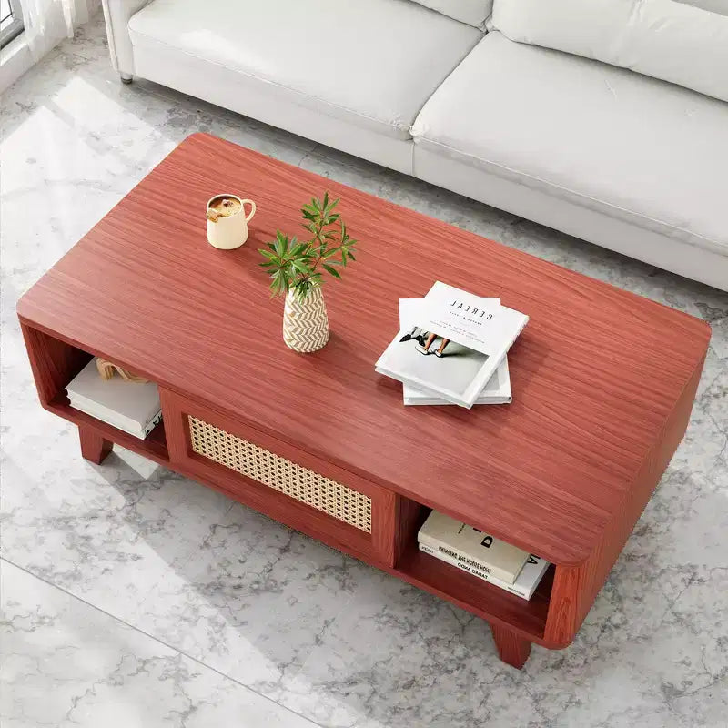 MAYEERTY Table Basse Carrée Moderne en Bois de Cerisier de 112 cm avec Tiroir en Rotin pour Salon
