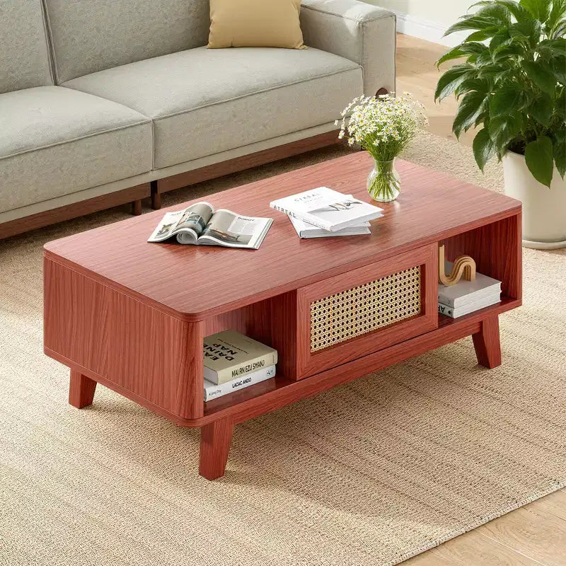 MAYEERTY Table Basse Carrée Moderne en Bois de Cerisier de 112 cm avec Tiroir en Rotin pour Salon