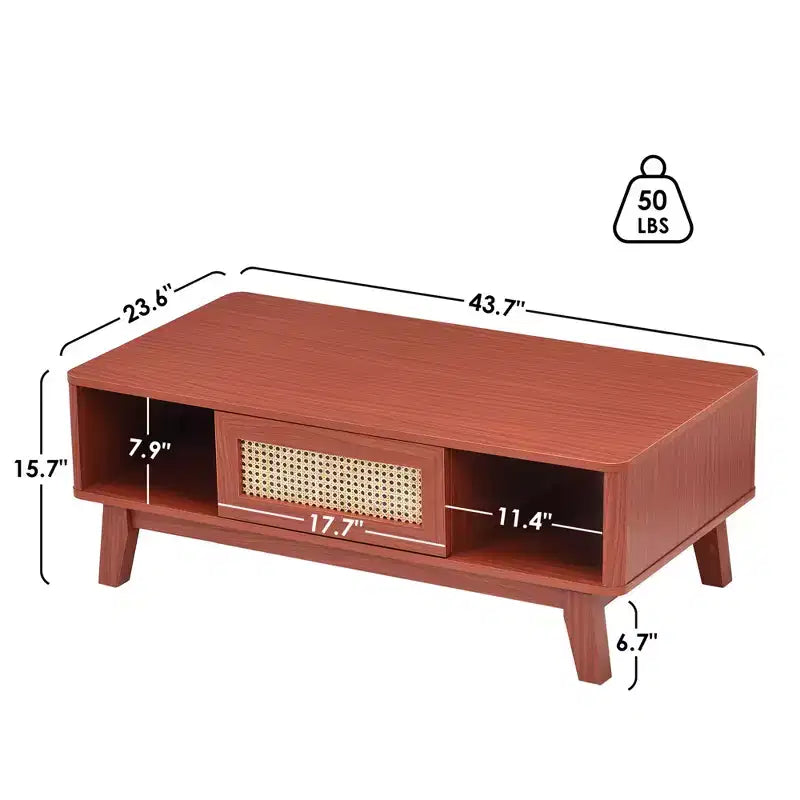 MAYEERTY Table Basse Carrée Moderne en Bois de Cerisier de 112 cm avec Tiroir en Rotin pour Salon