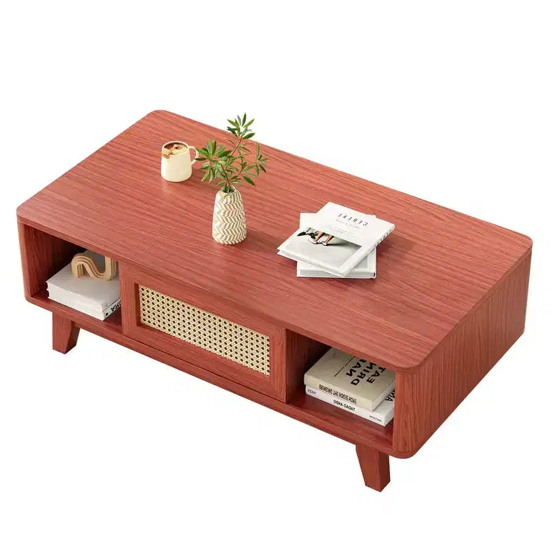 MAYEERTY Table Basse Carrée Moderne en Bois de Cerisier de 112 cm avec Tiroir en Rotin pour Salon