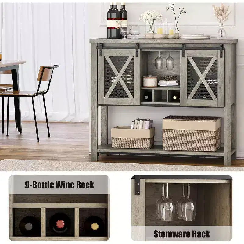 Meuble de bar de ferme COZONY avec porte-verres à vin - Buffet avec porte de grange pour cuisine, salle à manger et salon