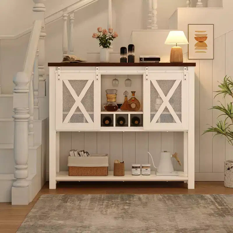 Meuble de bar de ferme COZONY avec porte-verres à vin - Buffet avec porte de grange pour cuisine, salle à manger et salon