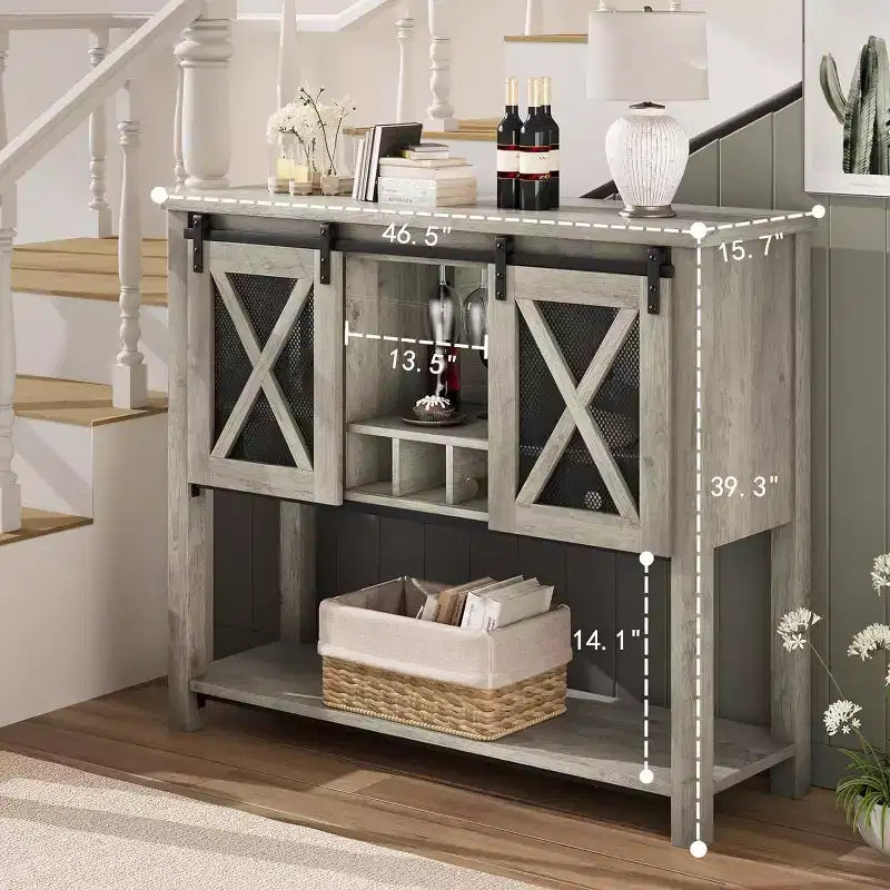 Meuble de bar de ferme COZONY avec porte-verres à vin - Buffet avec porte de grange pour cuisine, salle à manger et salon