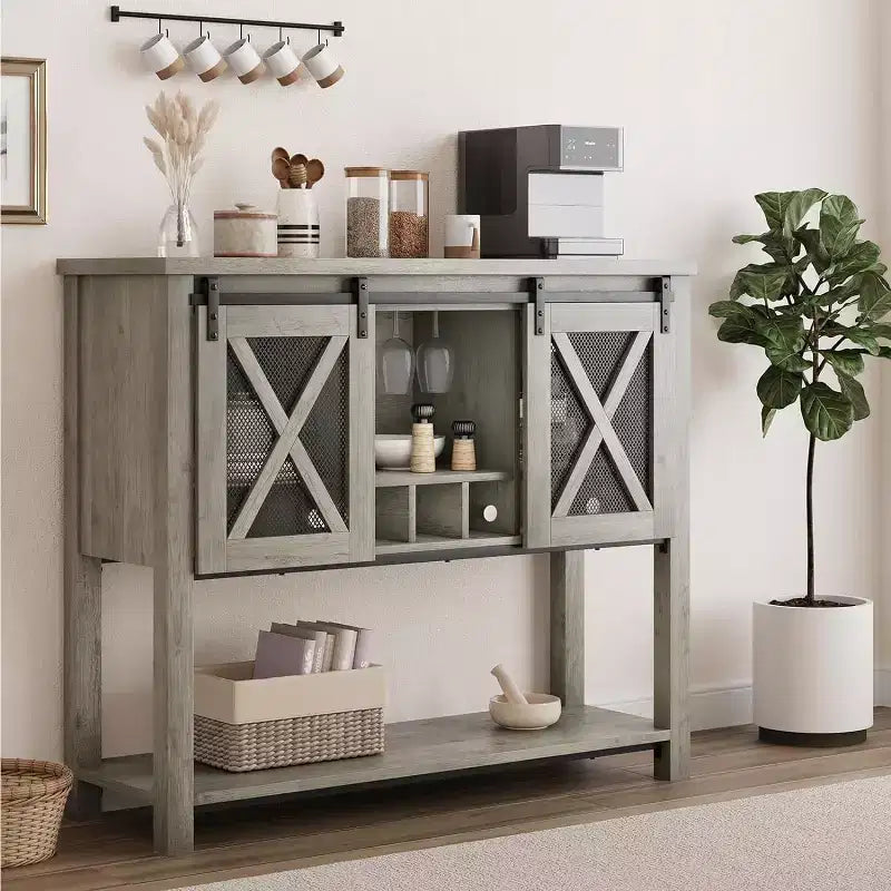 Meuble de bar de ferme COZONY avec porte-verres à vin - Buffet avec porte de grange pour cuisine, salle à manger et salon