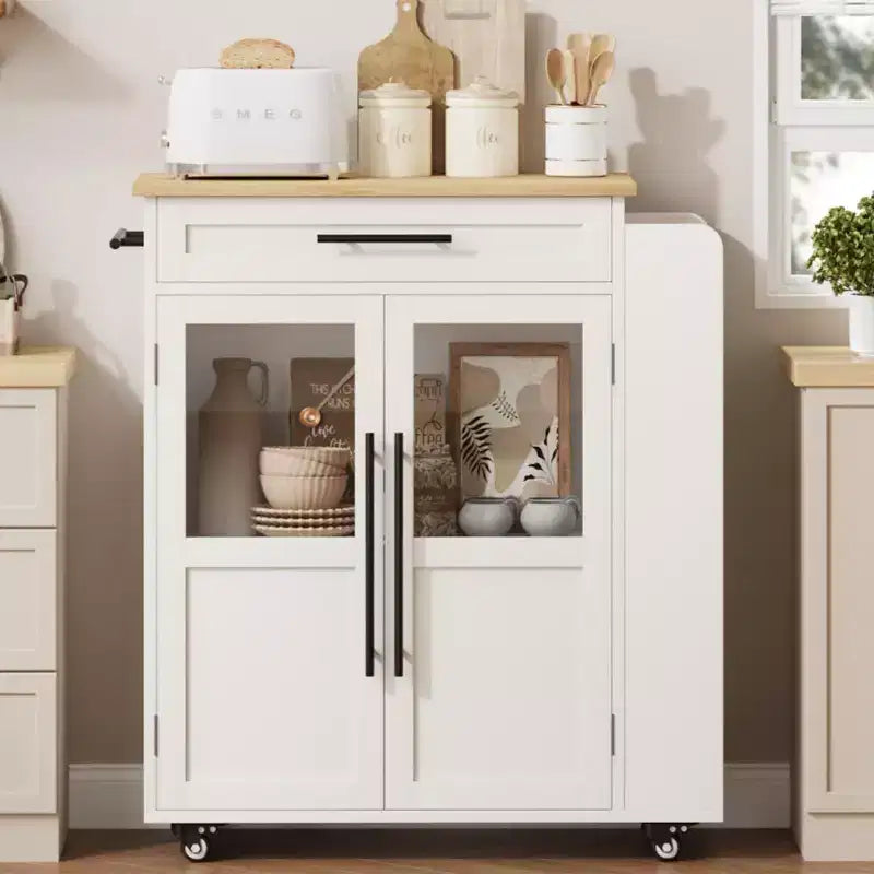 Chariot de desserte Coolmee 107 cm - Dessus en bois avec tiroir, 3 étagères et roulettes verrouillables, rangement mobile style ferme pour petites cuisines