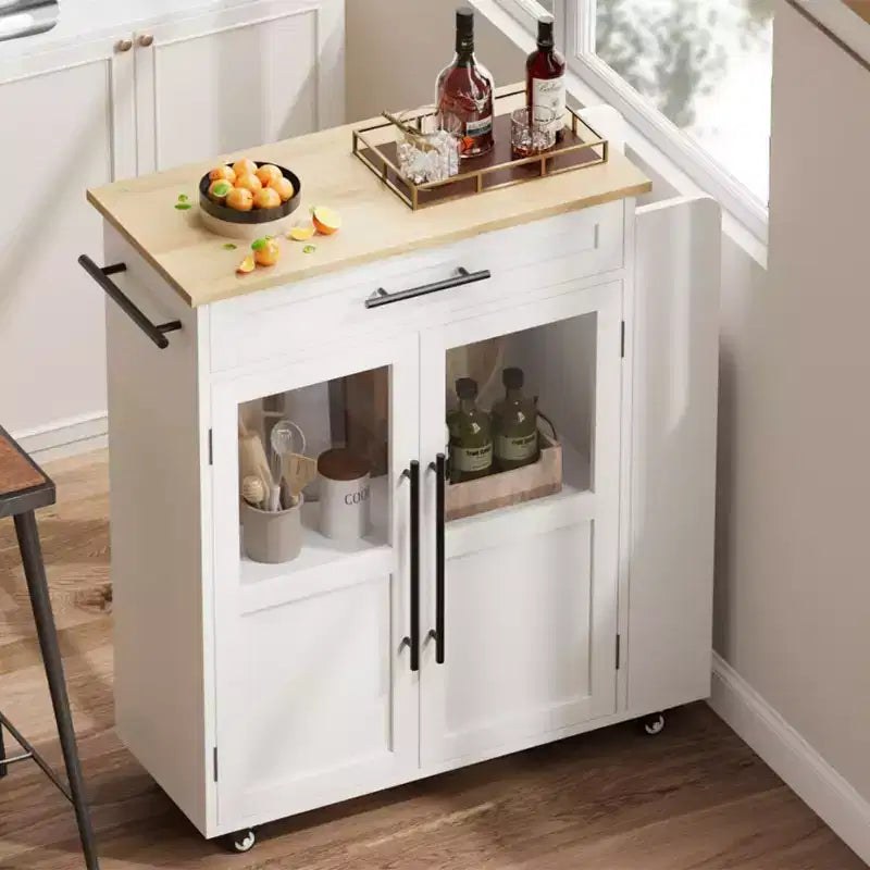 Chariot de desserte Coolmee 107 cm - Dessus en bois avec tiroir, 3 étagères et roulettes verrouillables, rangement mobile style ferme pour petites cuisines