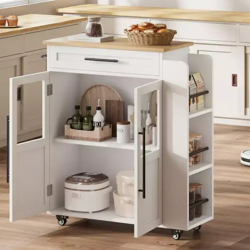 Chariot de desserte Coolmee 107 cm - Dessus en bois avec tiroir, 3 étagères et roulettes verrouillables, rangement mobile style ferme pour petites cuisines