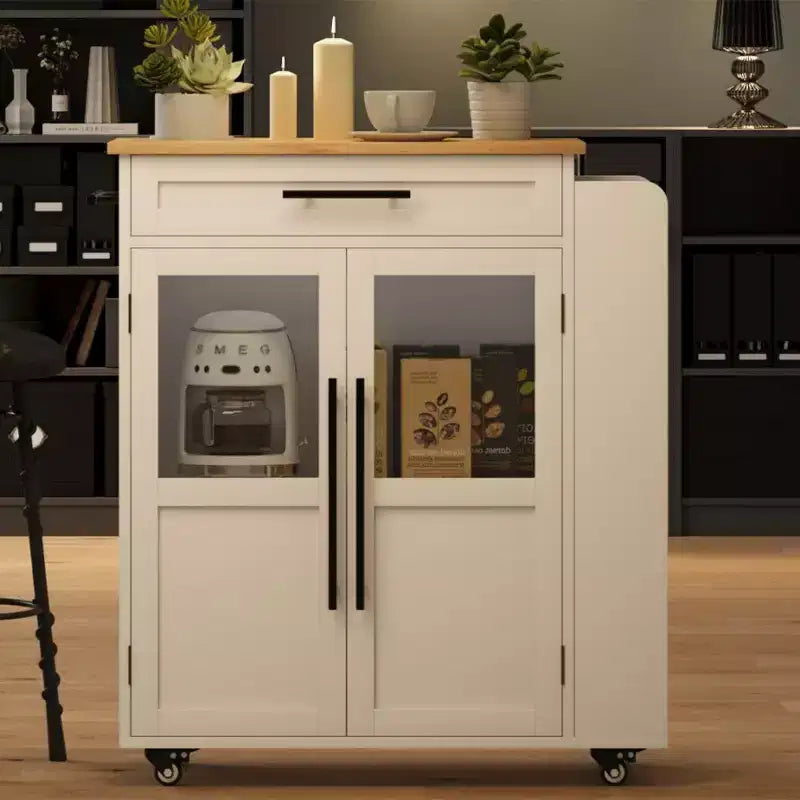 Chariot de desserte Coolmee 107 cm - Dessus en bois avec tiroir, 3 étagères et roulettes verrouillables, rangement mobile style ferme pour petites cuisines