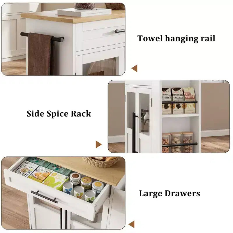 Chariot de desserte Coolmee 107 cm - Dessus en bois avec tiroir, 3 étagères et roulettes verrouillables, rangement mobile style ferme pour petites cuisines