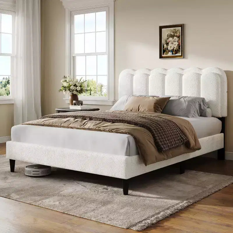 Christopher Knight Home Selene Modern Rubberwood Boucle Upholstered Bed with Light and Petal Headboard
