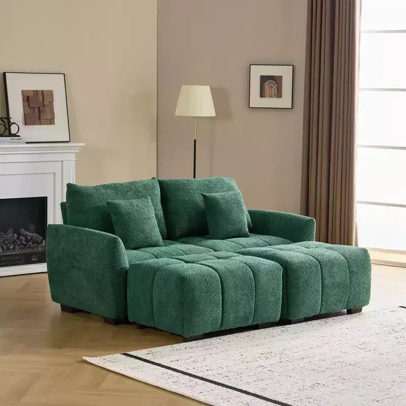 Karl Home | Canapé d'angle américain touffeté en boucle verte de 195,6 cm de large avec bras ronds et pouf