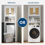 Meuble de rangement 63 au-dessus des toilettes, organisateur de salle de bain de style ferme au-dessus des toilettes avec portes en rotin, meuble de rangement autoportant en bois au-dessus des toilettes, blanc