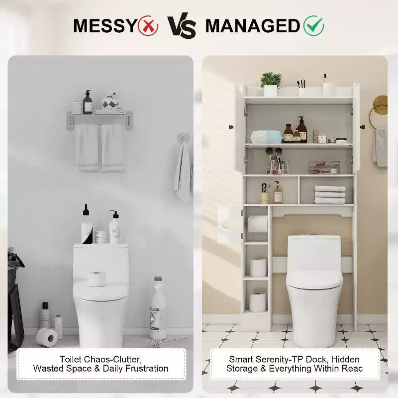 Meuble de rangement au-dessus des toilettes, organisateur de salle de bain de style ferme avec porte-papier toilette et étagère réglable