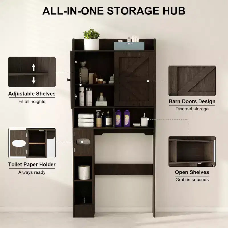 Meuble de rangement au-dessus des toilettes, organisateur de salle de bain de style ferme avec porte-papier toilette et étagère réglable