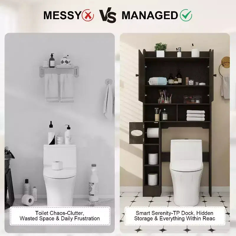 Meuble de rangement au-dessus des toilettes, organisateur de salle de bain de style ferme avec porte-papier toilette et étagère réglable