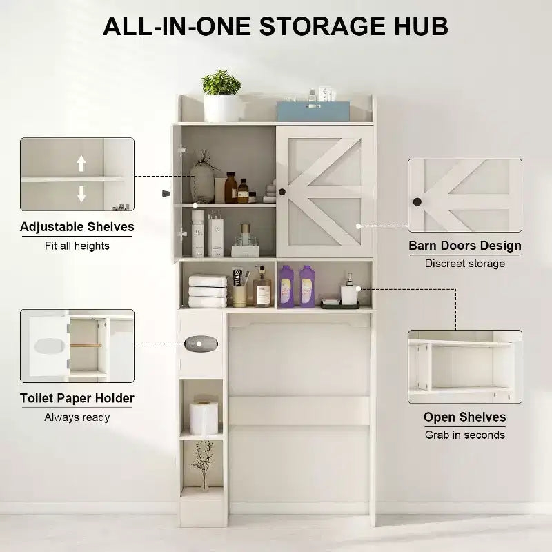 Meuble de rangement au-dessus des toilettes, organisateur de salle de bain de style ferme avec porte-papier toilette et étagère réglable