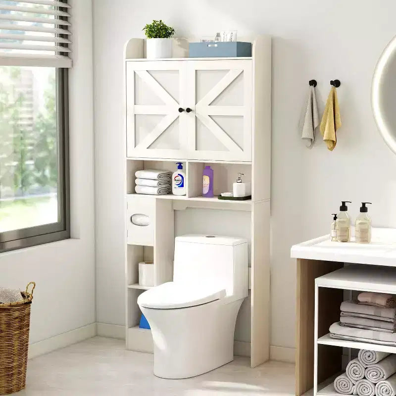 Meuble de rangement au-dessus des toilettes, organisateur de salle de bain de style ferme avec porte-papier toilette et étagère réglable