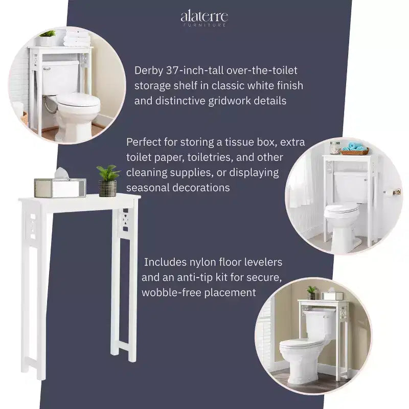 Étagère de rangement Derby pour toilettes, 94 cm de hauteur, organisateur de salle de bain peu encombrant, moderne et autoportant pour articles de toilette et serviettes, blanc