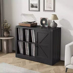 Modern Record Player Stand, Farmhouse Turntable Storage Cabinet with Barn Door, Wooden Vinyl Storage Console for Living Room, Black