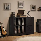 Meuble tour de disque moderne, meuble de rangement pour platine de style ferme avec porte coulissante, console de rangement pour vinyles en bois pour salon, noir
