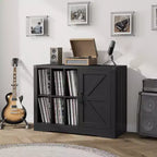 Meuble tour de disque moderne, meuble de rangement pour platine de style ferme avec porte coulissante, console de rangement pour vinyles en bois pour salon, noir