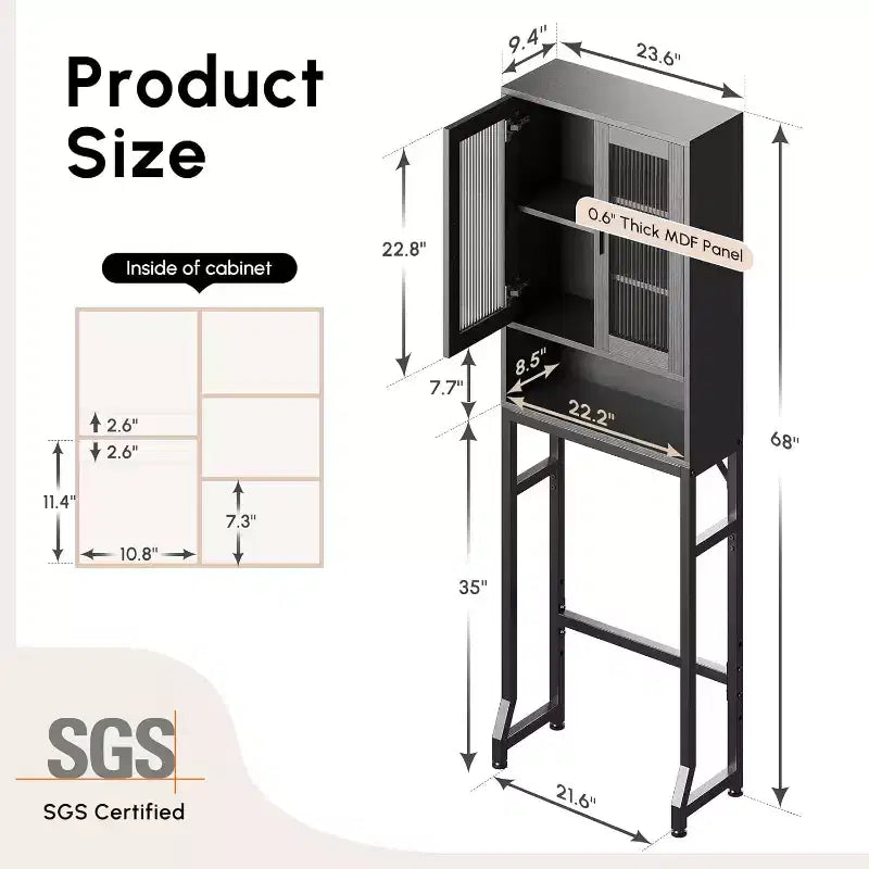 Meuble de rangement au-dessus des toilettes, Organisateur de salle de bain avec portes en verre trempé
