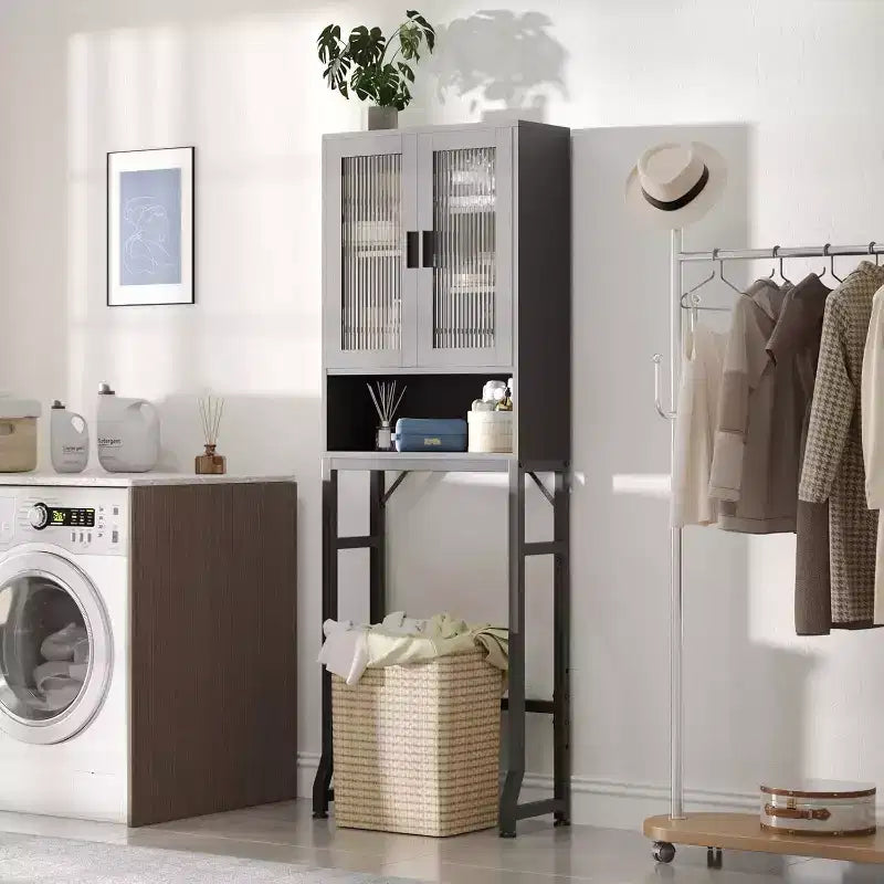 Meuble de rangement au-dessus des toilettes, Organisateur de salle de bain avec portes en verre trempé
