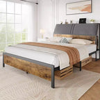 Metal Bed Frame with Charging Station, Vintage Brown Platform Bed with Drawers and Shelves, Ergonomic Upholstered Headboard