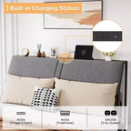 Cadre de lit en métal avec station de recharge, lit plateforme marron vintage avec tiroirs et étagères, tête de lit rembourrée ergonomique